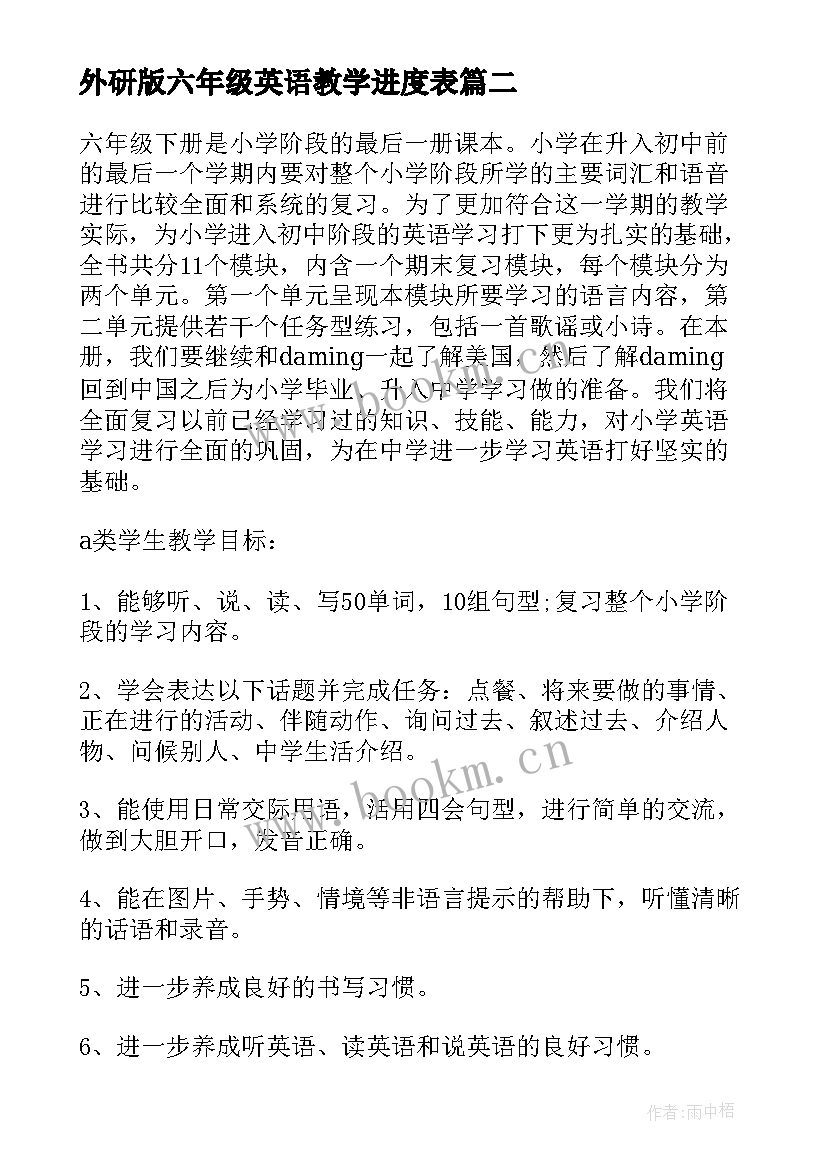 2023年外研版六年级英语教学进度表 六年级英语教学计划(实用8篇)