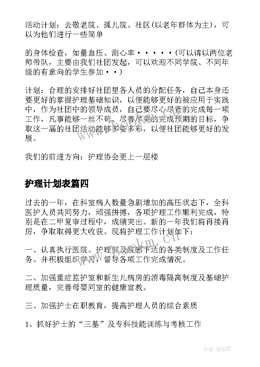 最新护理计划表 护理工作计划样本(优质9篇)