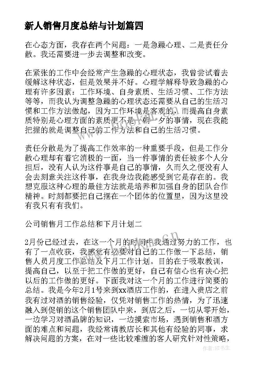 新人销售月度总结与计划 销售工作月总结月计划(大全5篇)