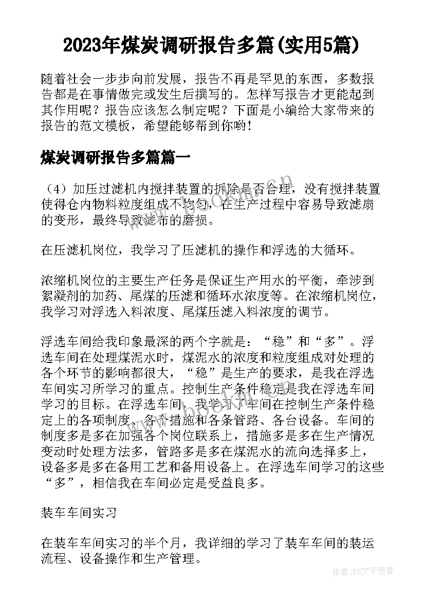 2023年煤炭调研报告多篇(实用5篇)