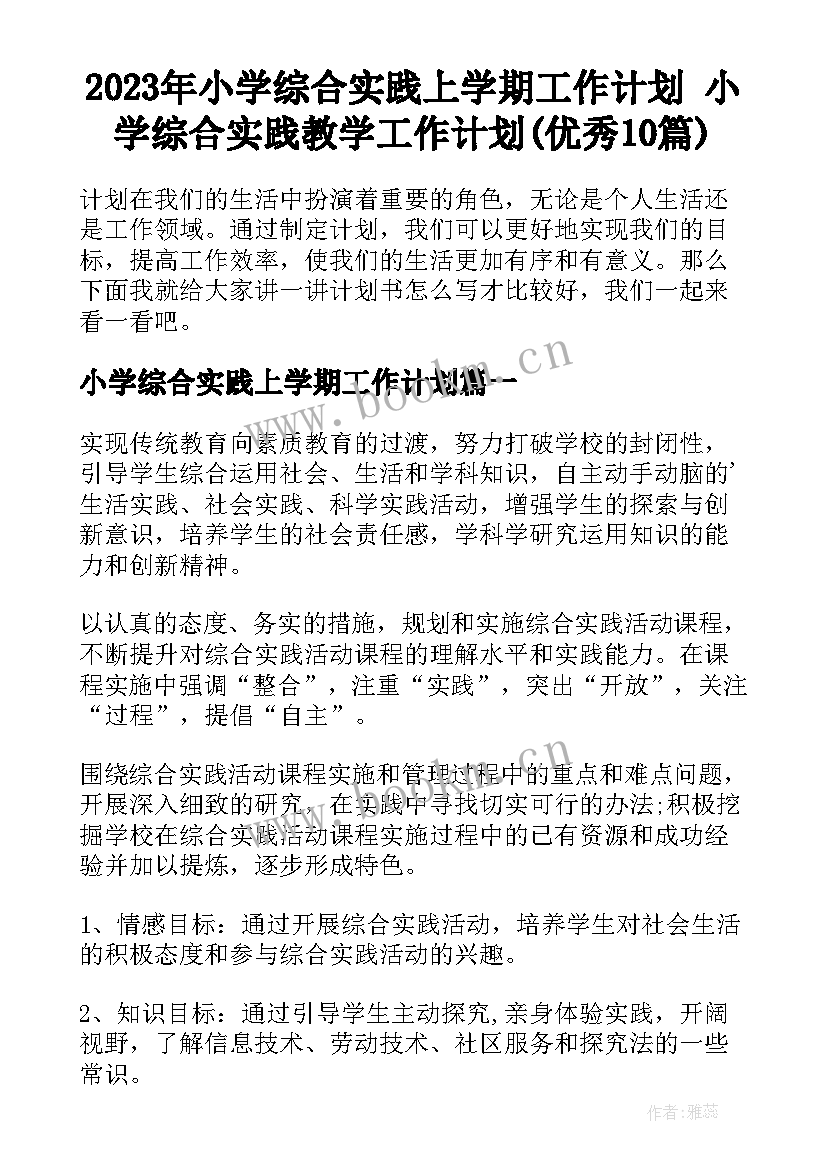 2023年小学综合实践上学期工作计划 小学综合实践教学工作计划(优秀10篇)