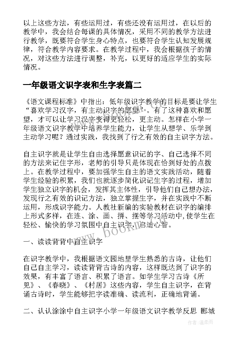 最新一年级语文识字表和生字表 一年级识字教学反思(优秀10篇)