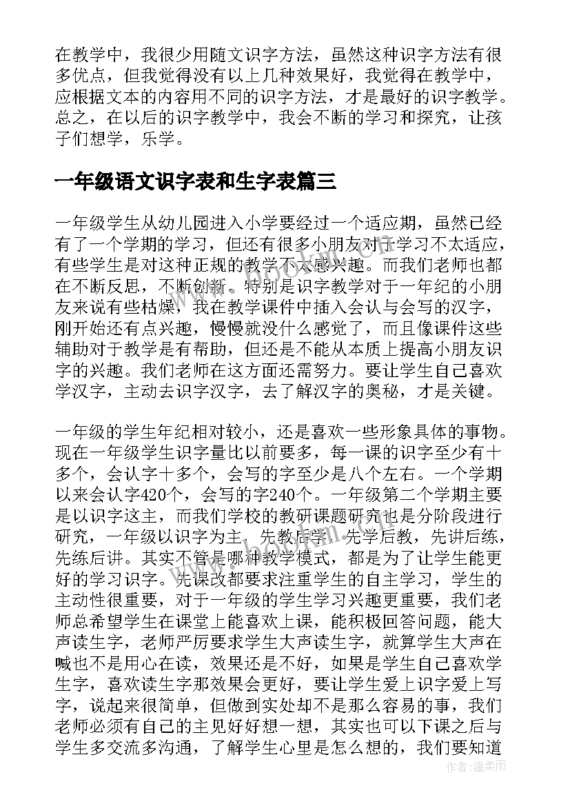 最新一年级语文识字表和生字表 一年级识字教学反思(优秀10篇)