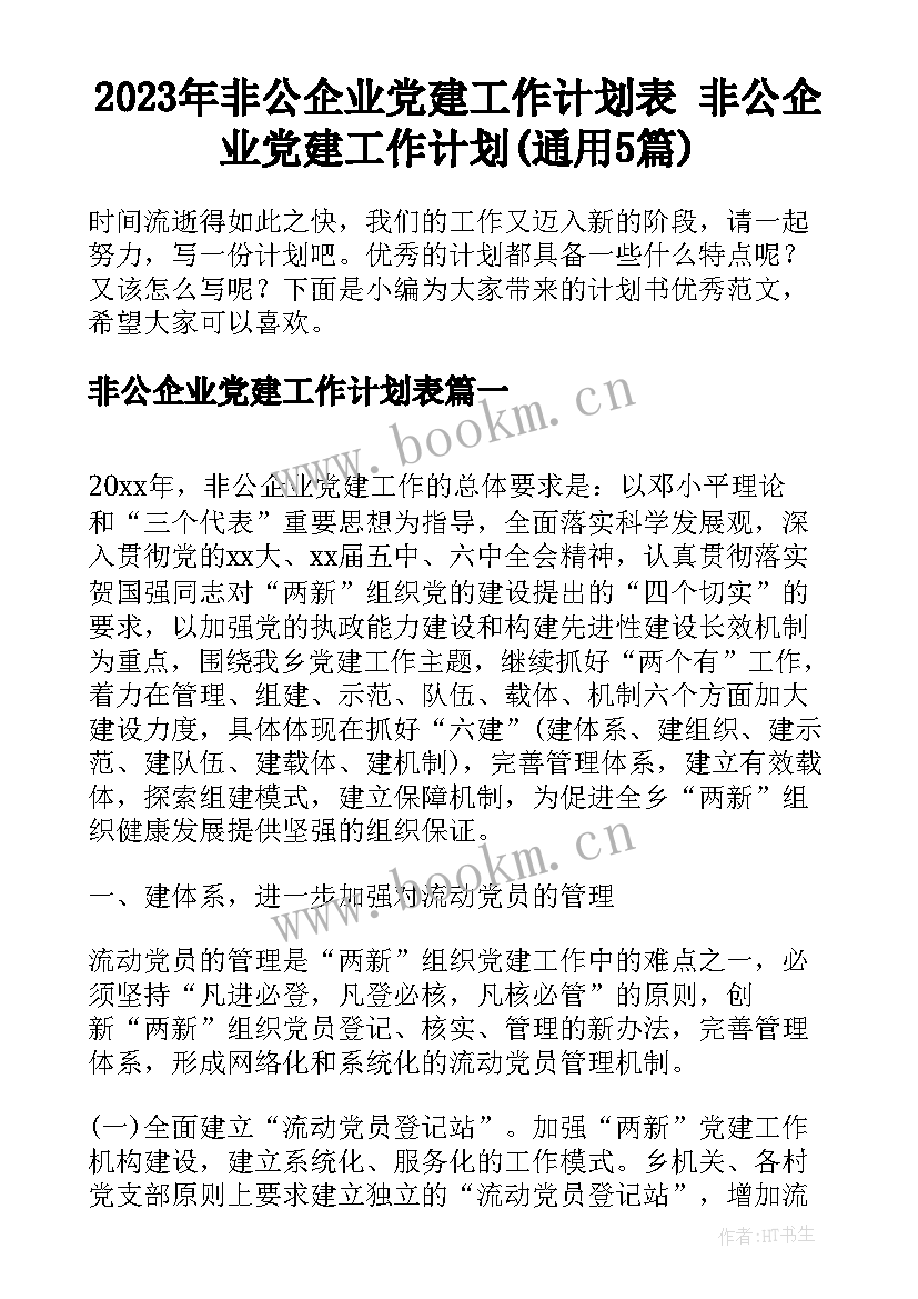 2023年非公企业党建工作计划表 非公企业党建工作计划(通用5篇)