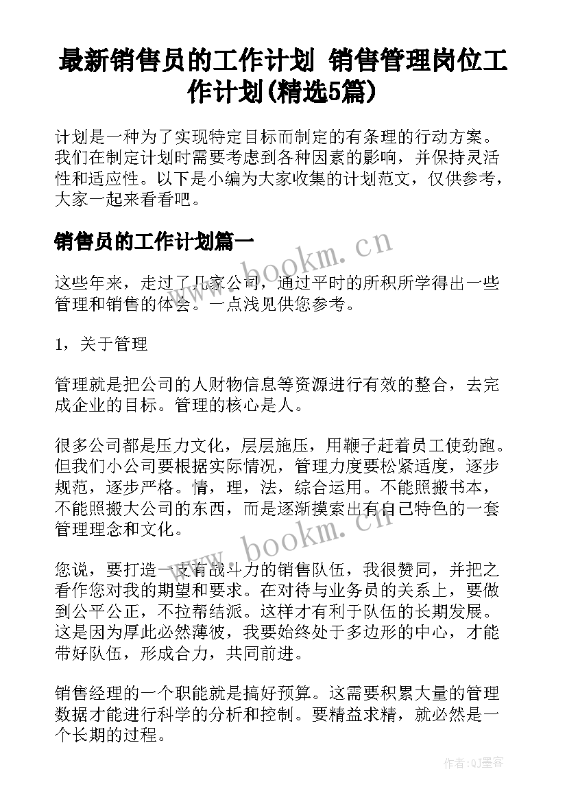 最新销售员的工作计划 销售管理岗位工作计划(精选5篇)