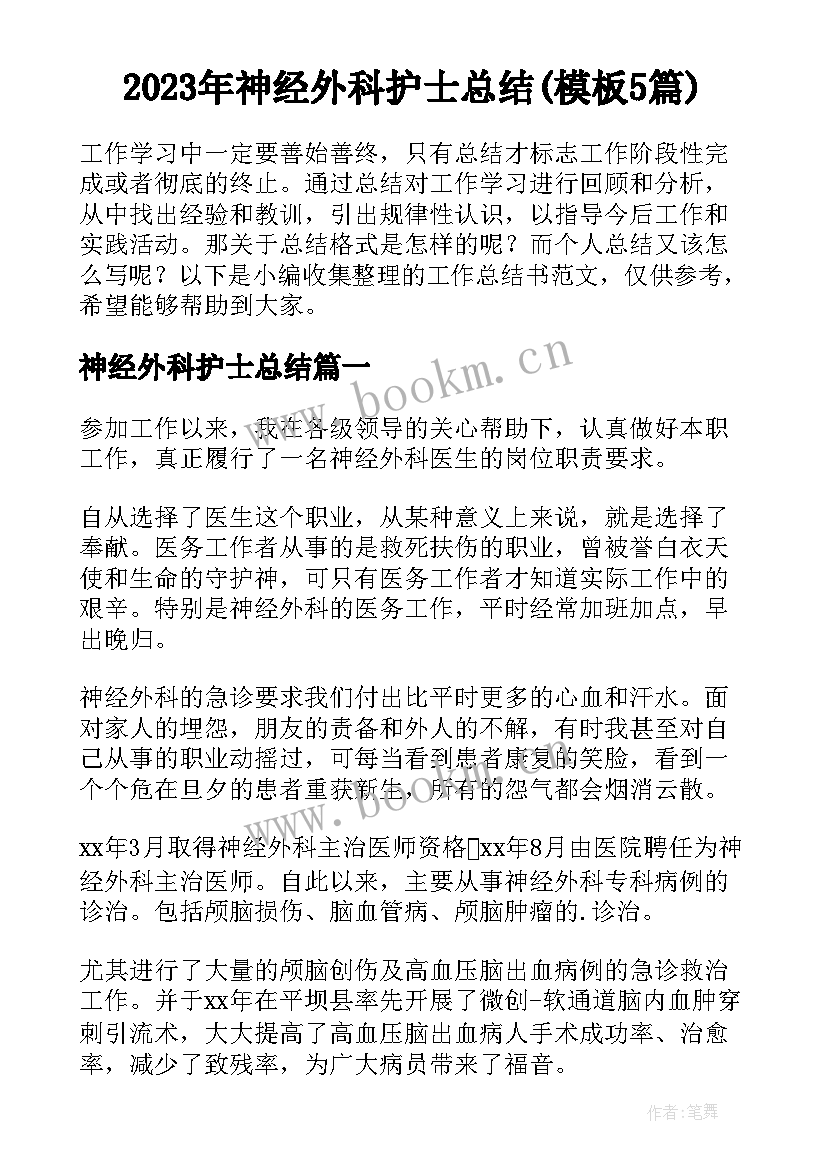 2023年神经外科护士总结(模板5篇)