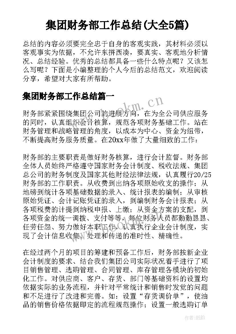 集团财务部工作总结(大全5篇)