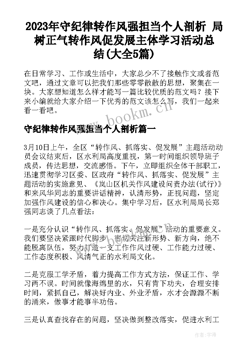 2023年守纪律转作风强担当个人剖析 局树正气转作风促发展主体学习活动总结(大全5篇)