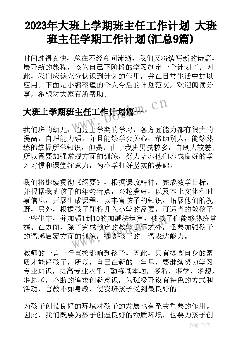 2023年大班上学期班主任工作计划 大班班主任学期工作计划(汇总9篇)