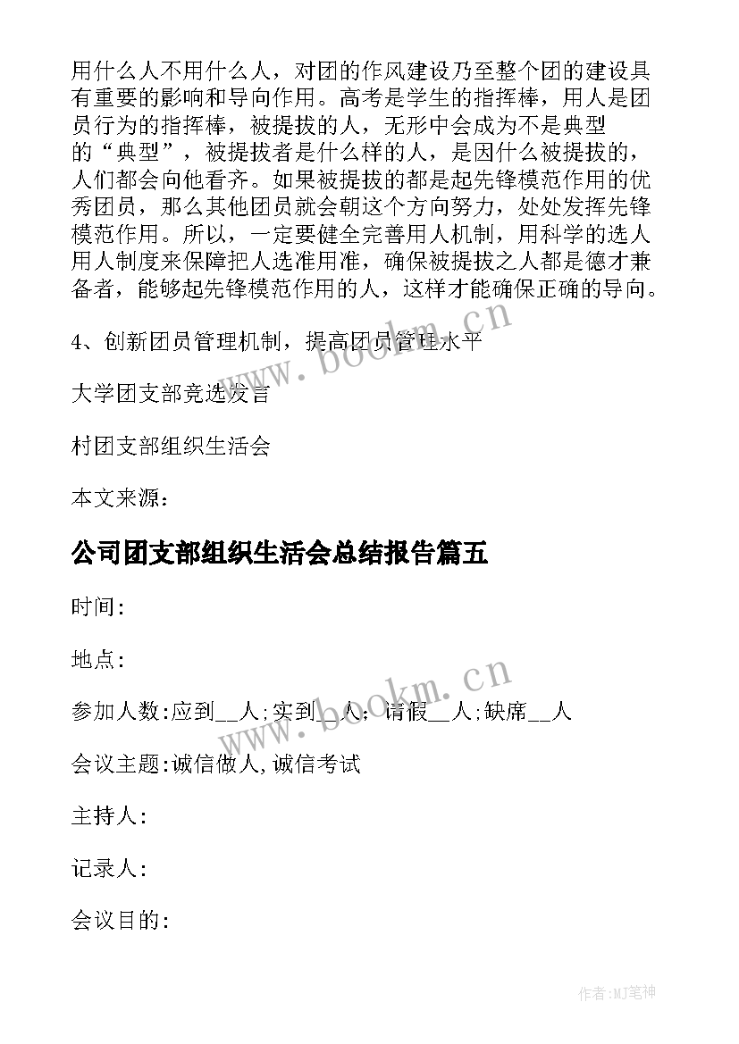 2023年公司团支部组织生活会总结报告 团支部专题组织生活会会议记录(汇总10篇)