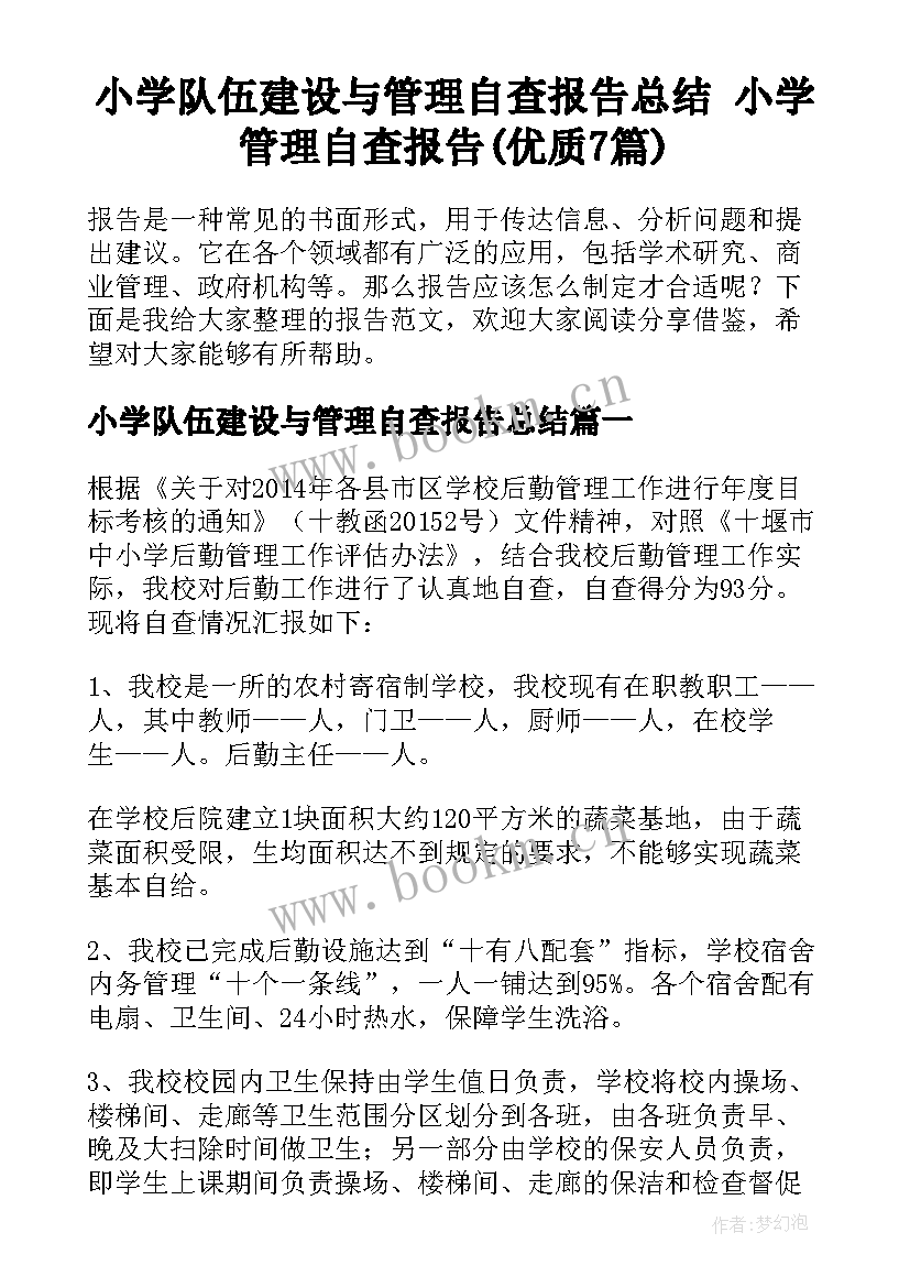 小学队伍建设与管理自查报告总结 小学管理自查报告(优质7篇)