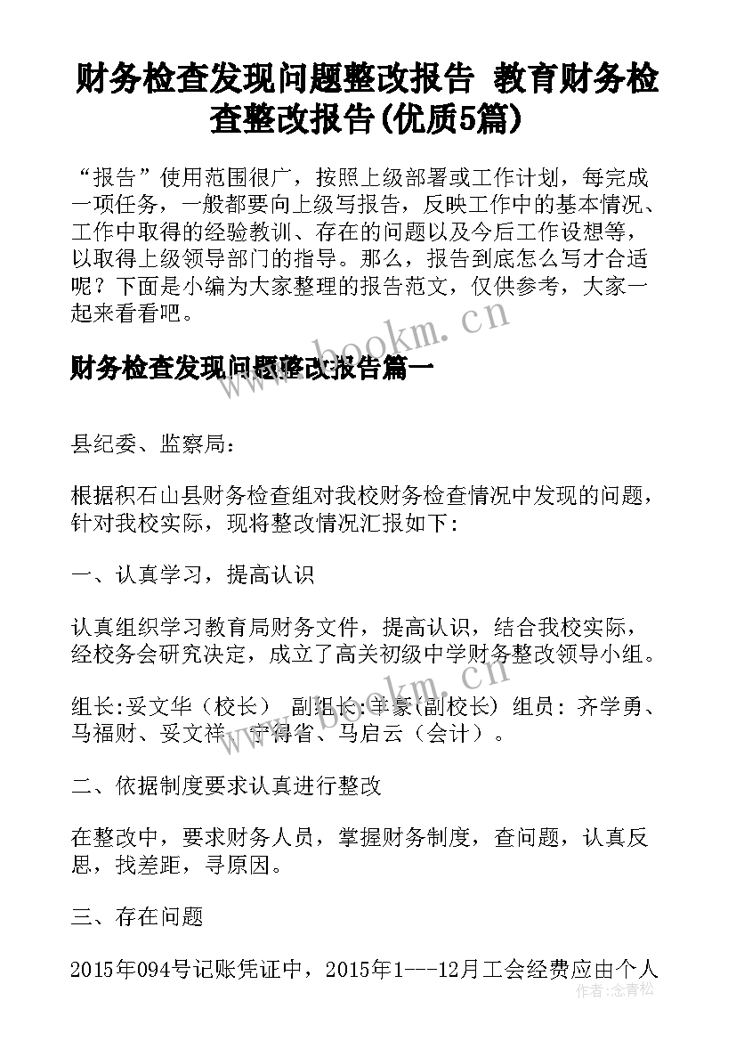 财务检查发现问题整改报告 教育财务检查整改报告(优质5篇)