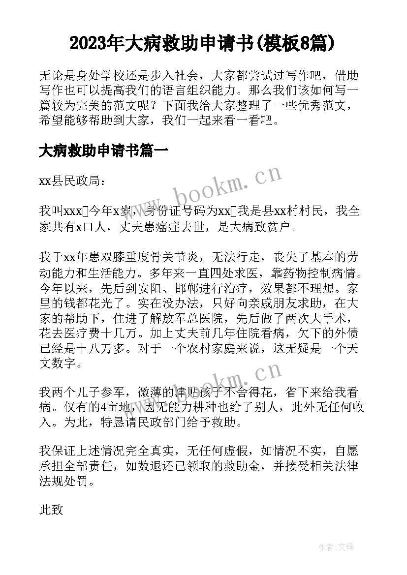 2023年大病救助申请书(模板8篇)