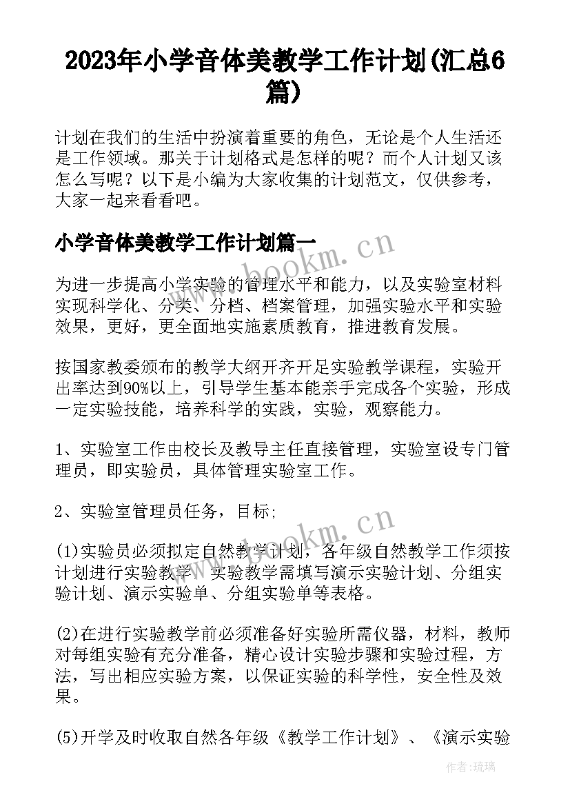 2023年小学音体美教学工作计划(汇总6篇)