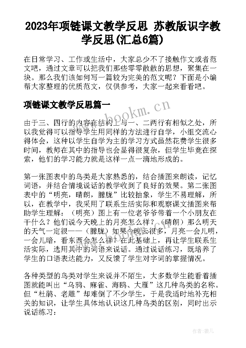 2023年项链课文教学反思 苏教版识字教学反思(汇总6篇)