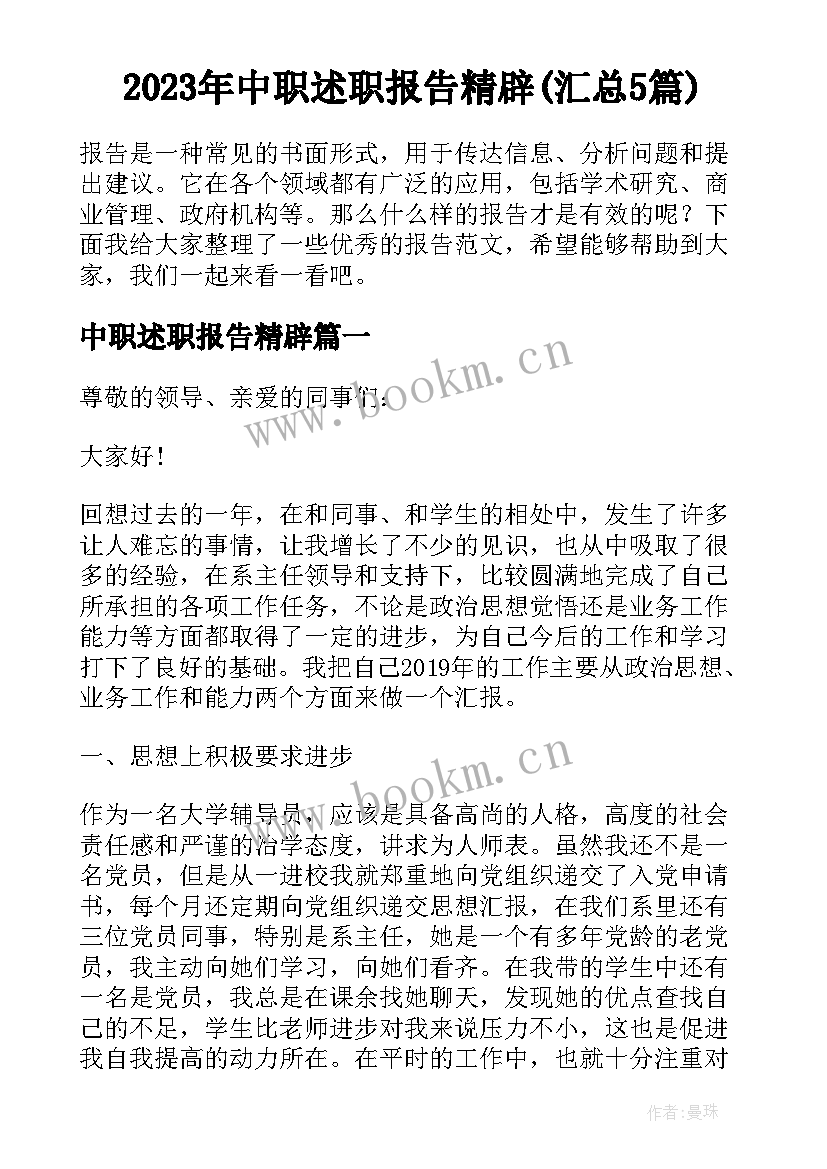 2023年中职述职报告精辟(汇总5篇)