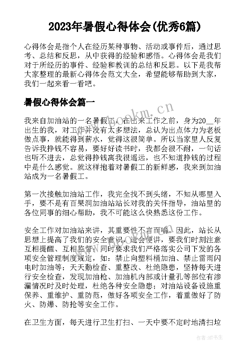 2023年暑假心得体会(优秀6篇)