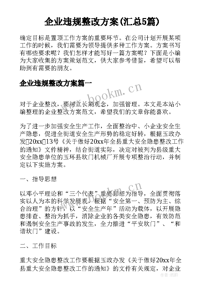 企业违规整改方案(汇总5篇)