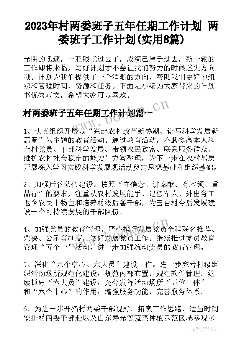 2023年村两委班子五年任期工作计划 两委班子工作计划(实用8篇)