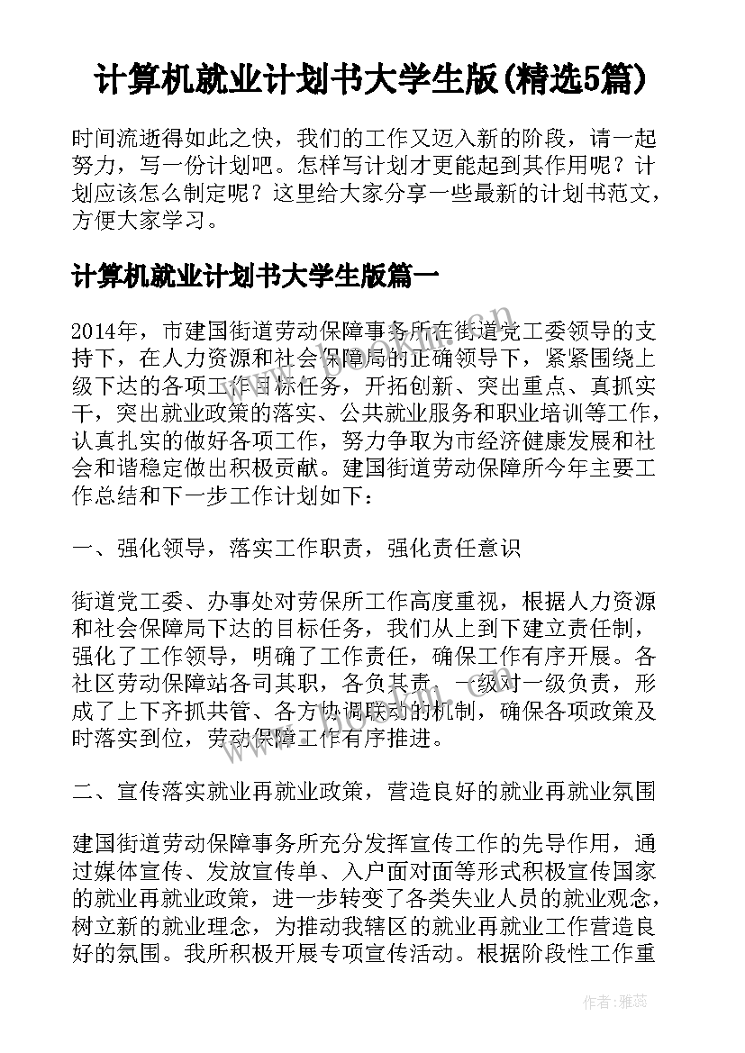 计算机就业计划书大学生版(精选5篇)