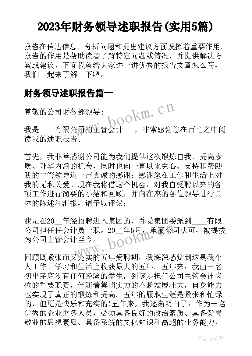 2023年财务领导述职报告(实用5篇)