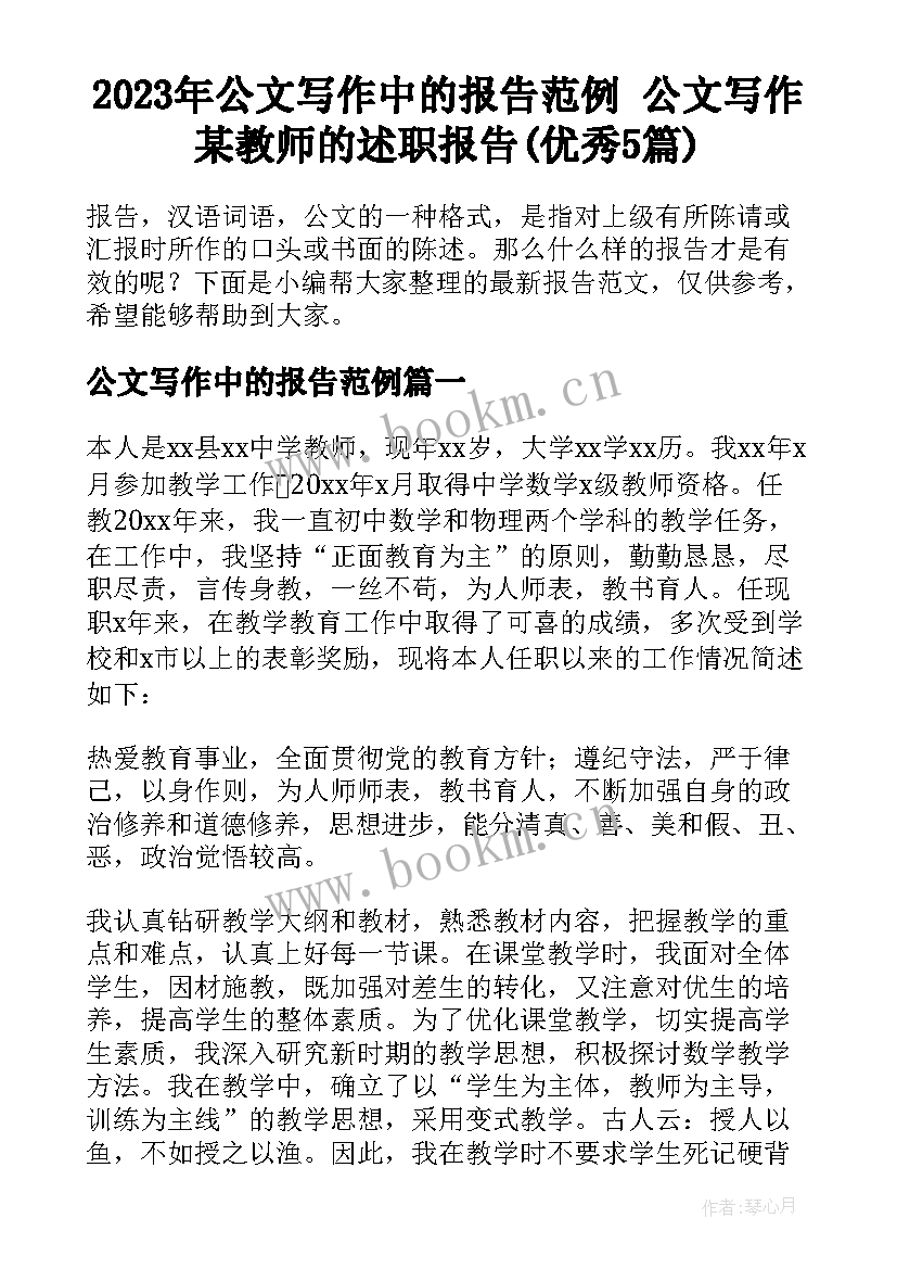 2023年公文写作中的报告范例 公文写作某教师的述职报告(优秀5篇)