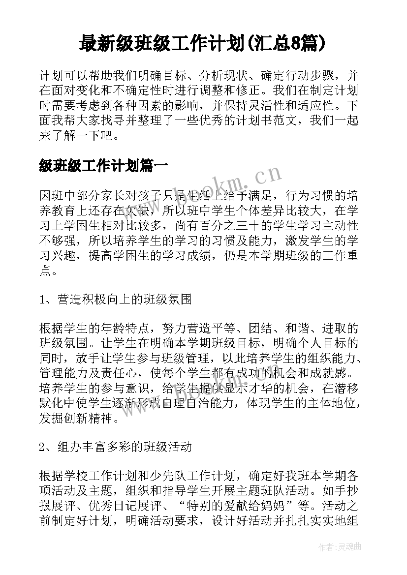 最新级班级工作计划(汇总8篇)