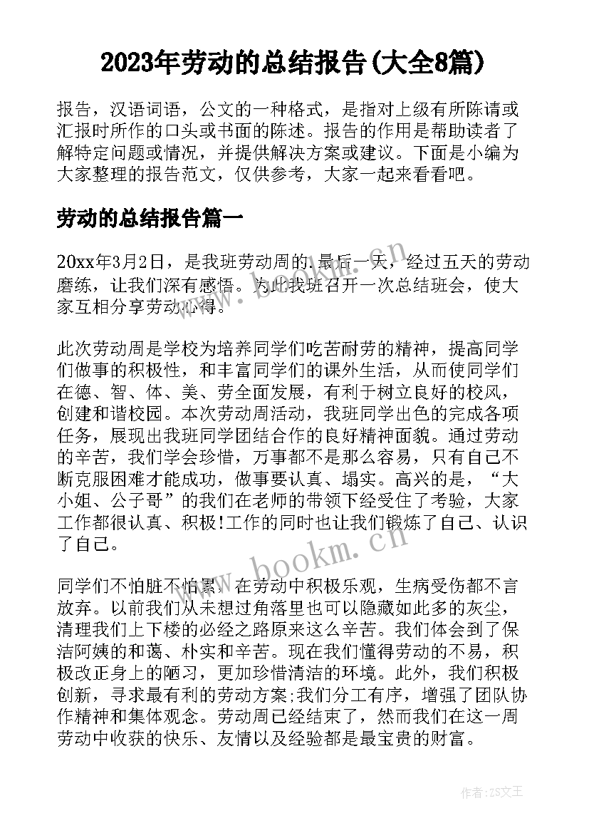 2023年劳动的总结报告(大全8篇)