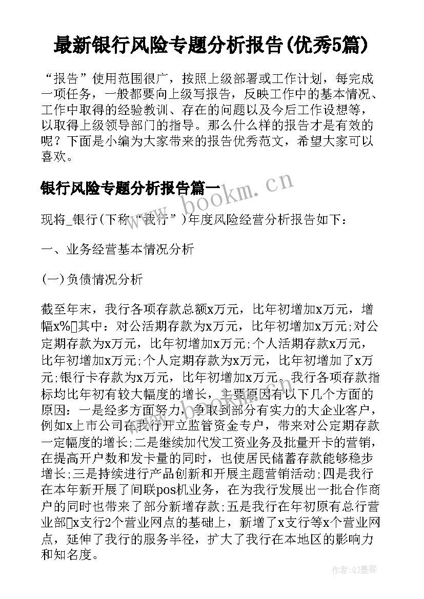 最新银行风险专题分析报告(优秀5篇)