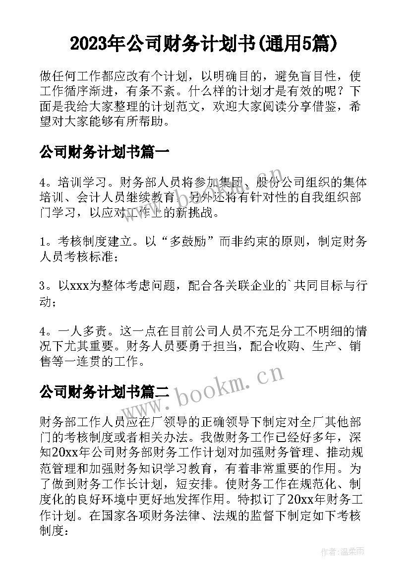 2023年公司财务计划书(通用5篇)