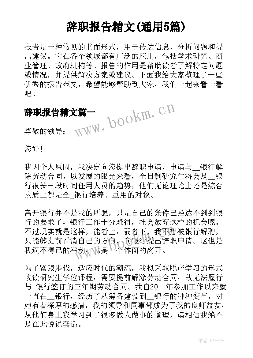 辞职报告精文(通用5篇)