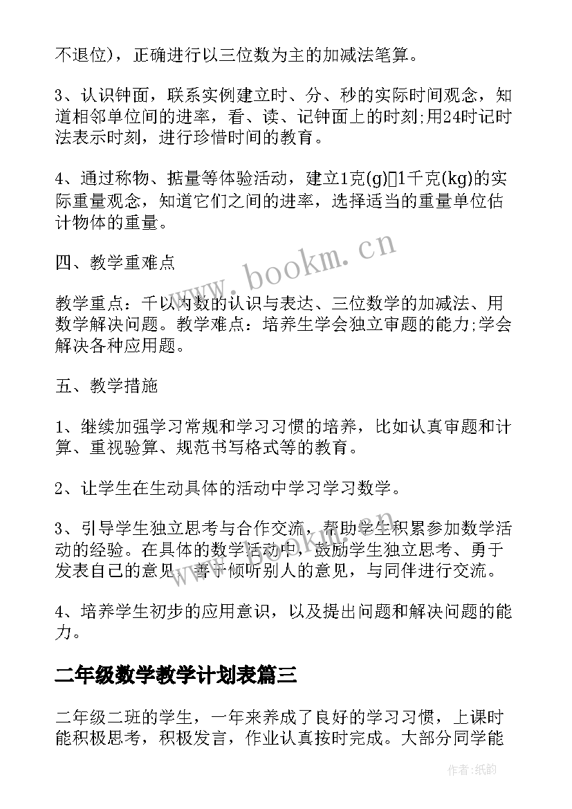 二年级数学教学计划表(实用9篇)