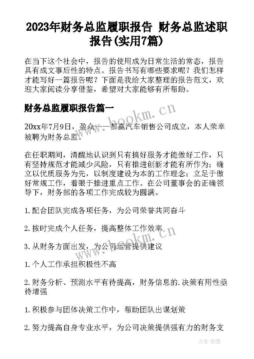 2023年财务总监履职报告 财务总监述职报告(实用7篇)