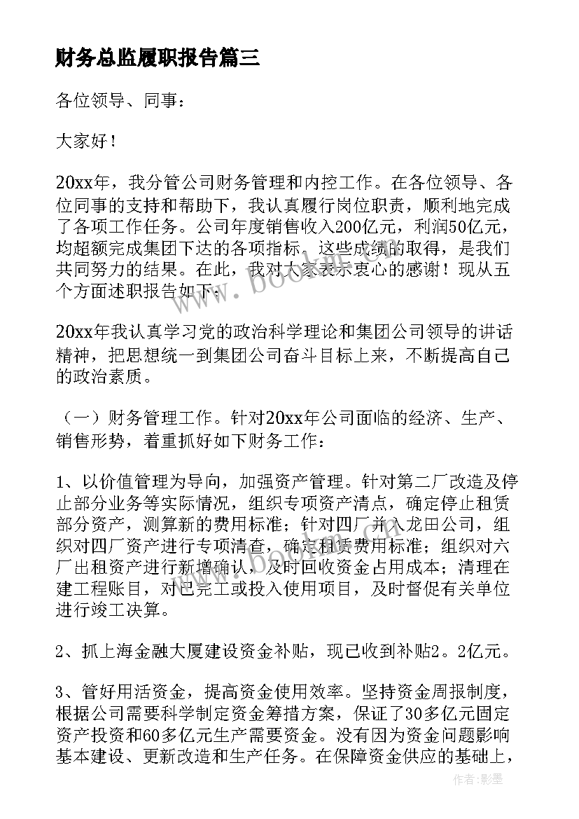 2023年财务总监履职报告 财务总监述职报告(实用7篇)