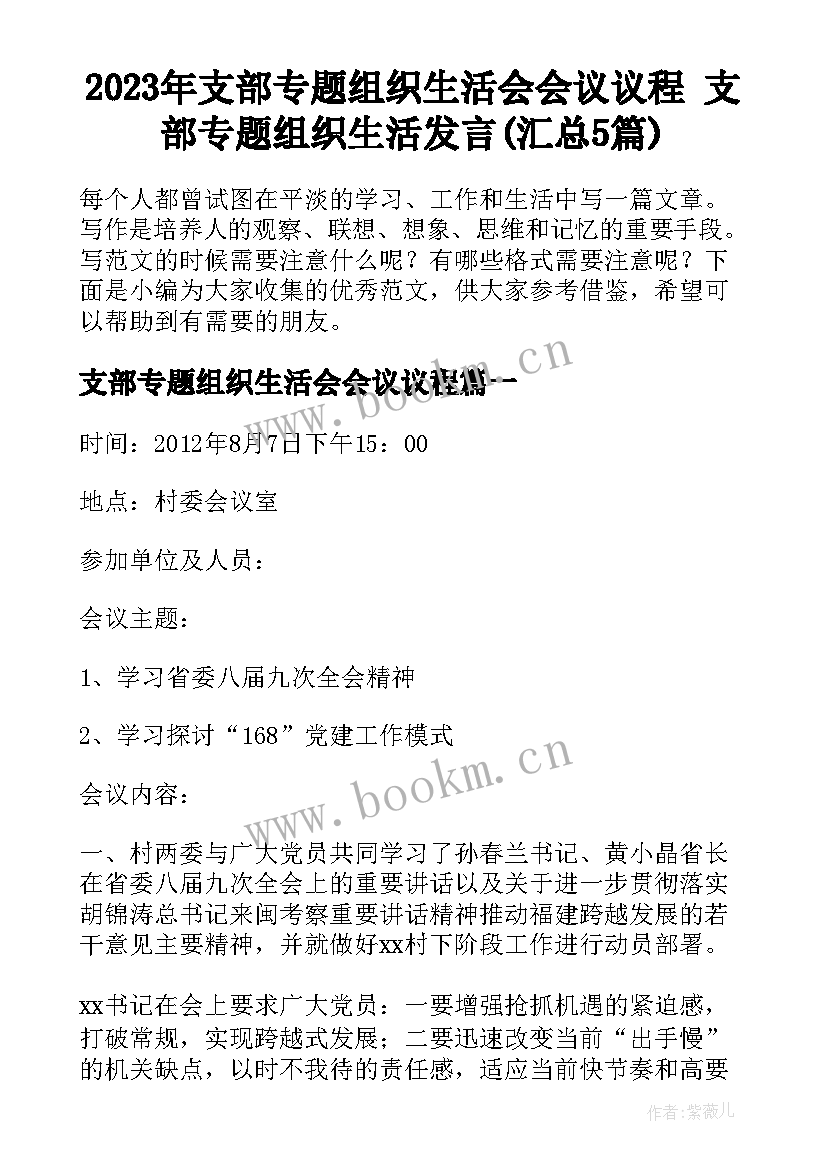 2023年支部专题组织生活会会议议程 支部专题组织生活发言(汇总5篇)