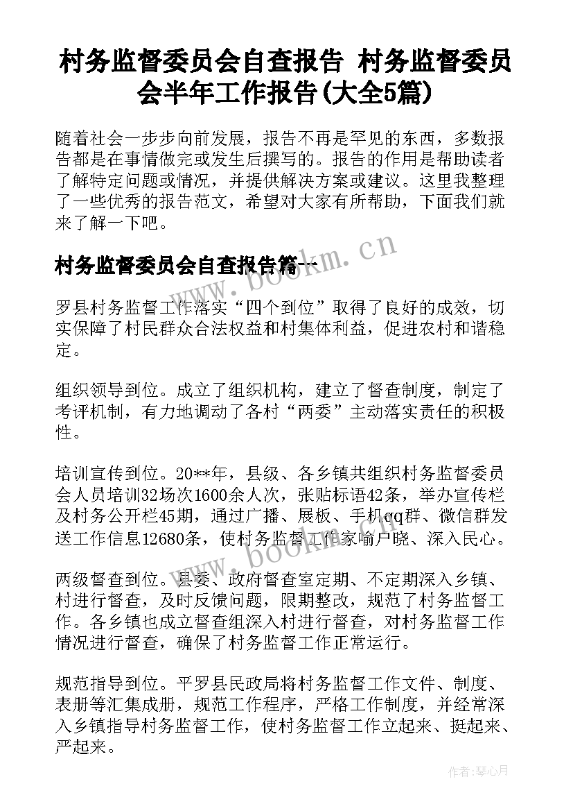 村务监督委员会自查报告 村务监督委员会半年工作报告(大全5篇)