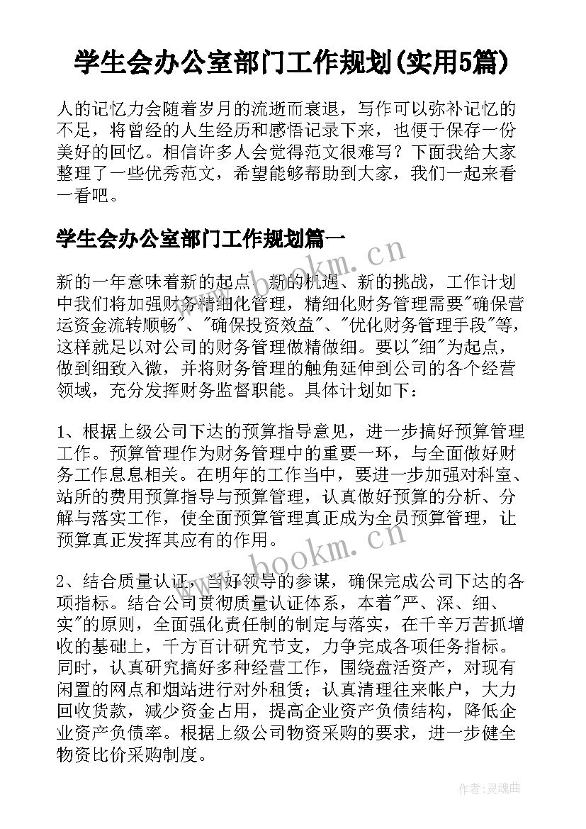 学生会办公室部门工作规划(实用5篇)