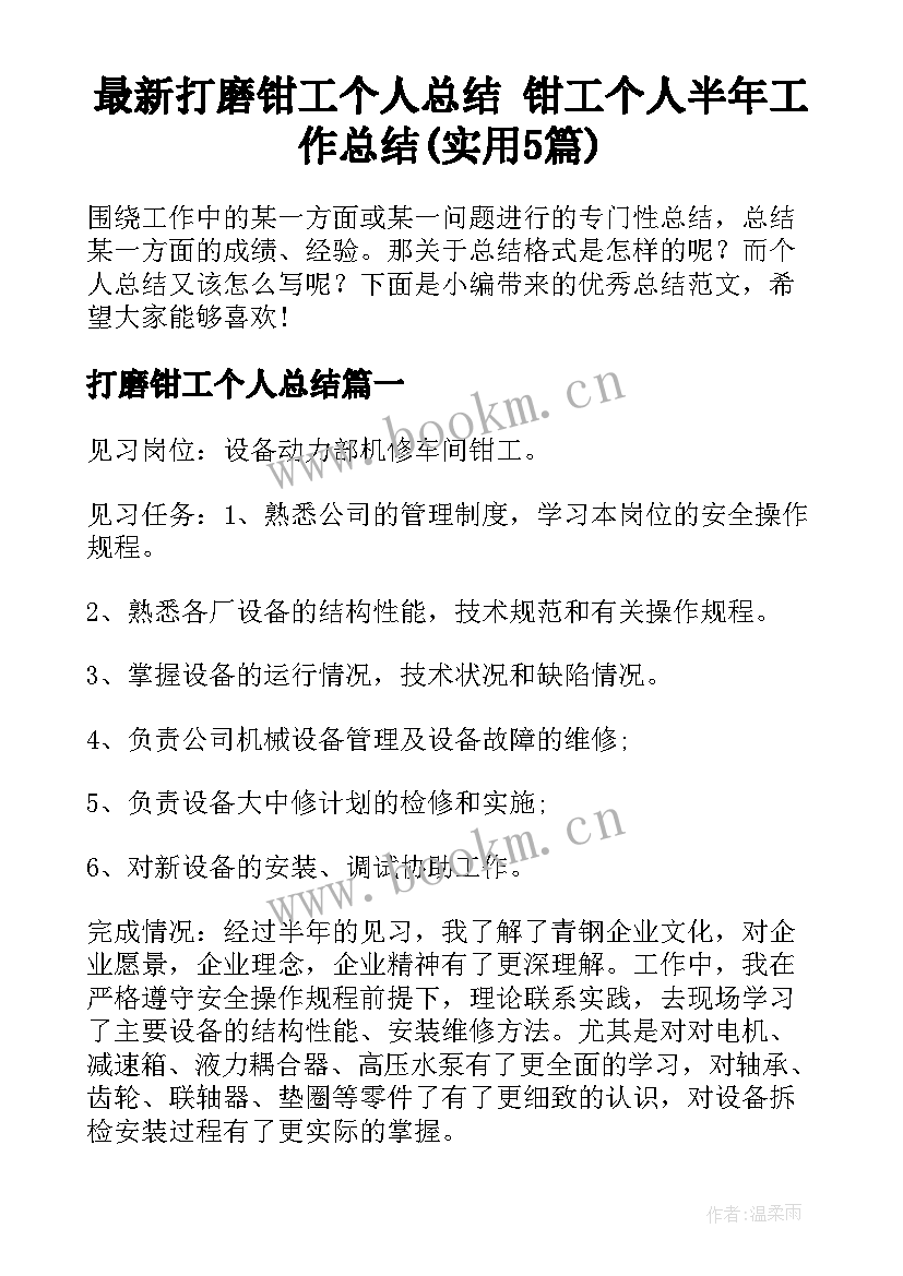 最新打磨钳工个人总结 钳工个人半年工作总结(实用5篇)