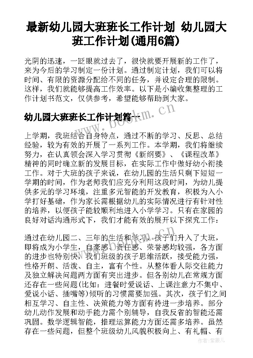 最新幼儿园大班班长工作计划 幼儿园大班工作计划(通用6篇)