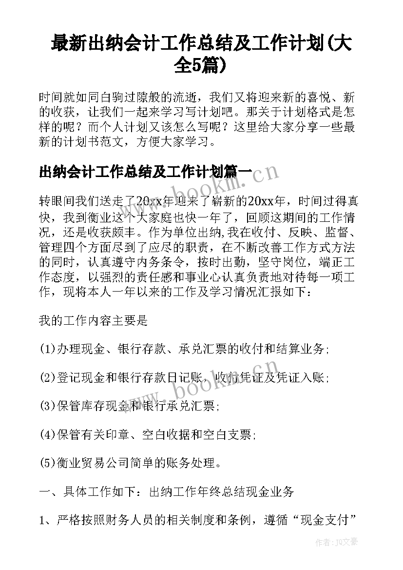 最新出纳会计工作总结及工作计划(大全5篇)