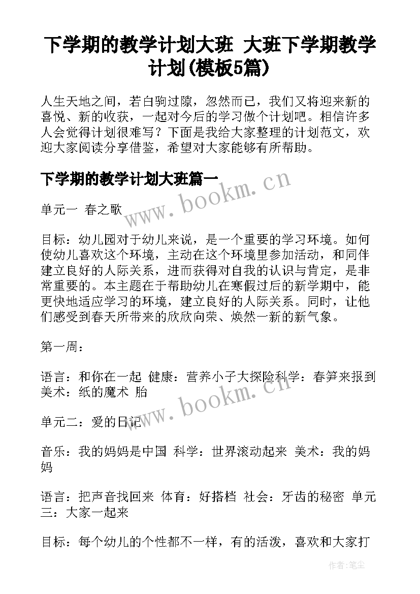 下学期的教学计划大班 大班下学期教学计划(模板5篇)