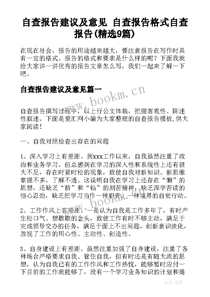 自查报告建议及意见 自查报告格式自查报告(精选9篇)