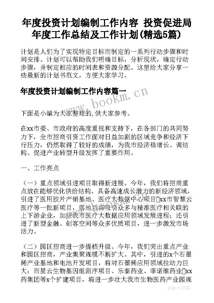 年度投资计划编制工作内容 投资促进局年度工作总结及工作计划(精选5篇)