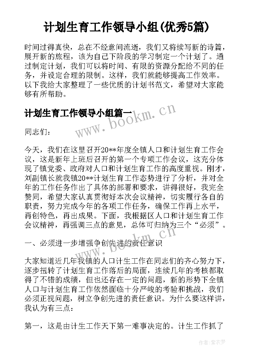 计划生育工作领导小组(优秀5篇)