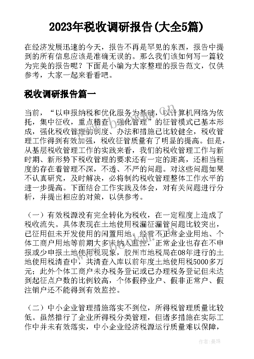 2023年税收调研报告(大全5篇)