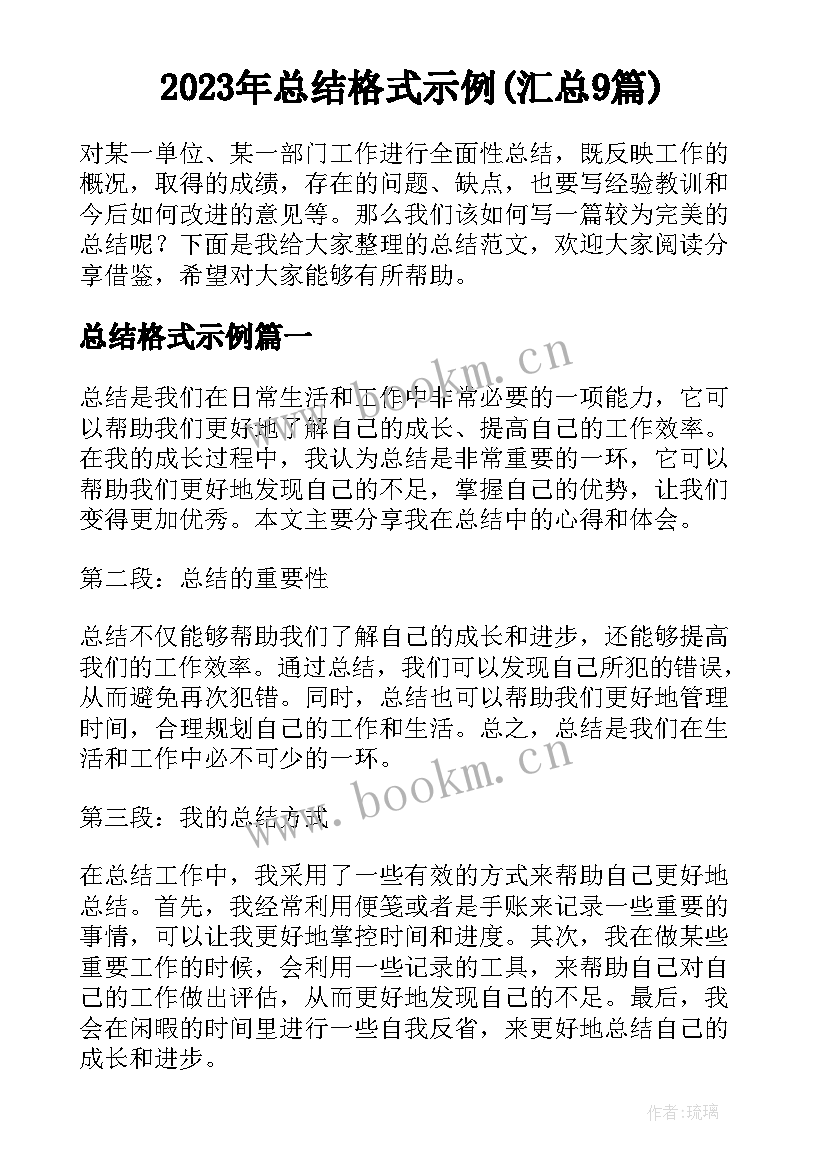 2023年总结格式示例(汇总9篇)