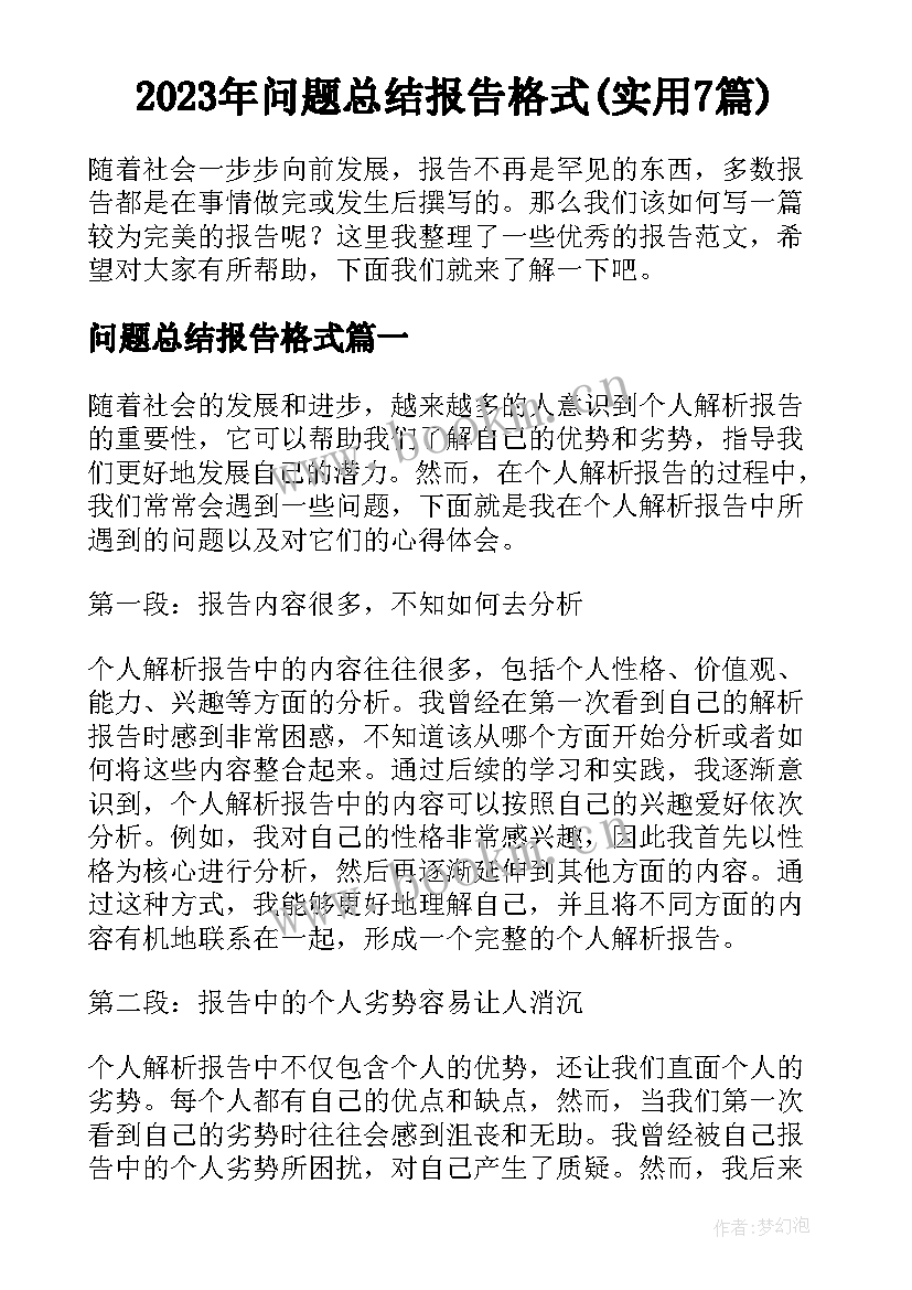 2023年问题总结报告格式(实用7篇)