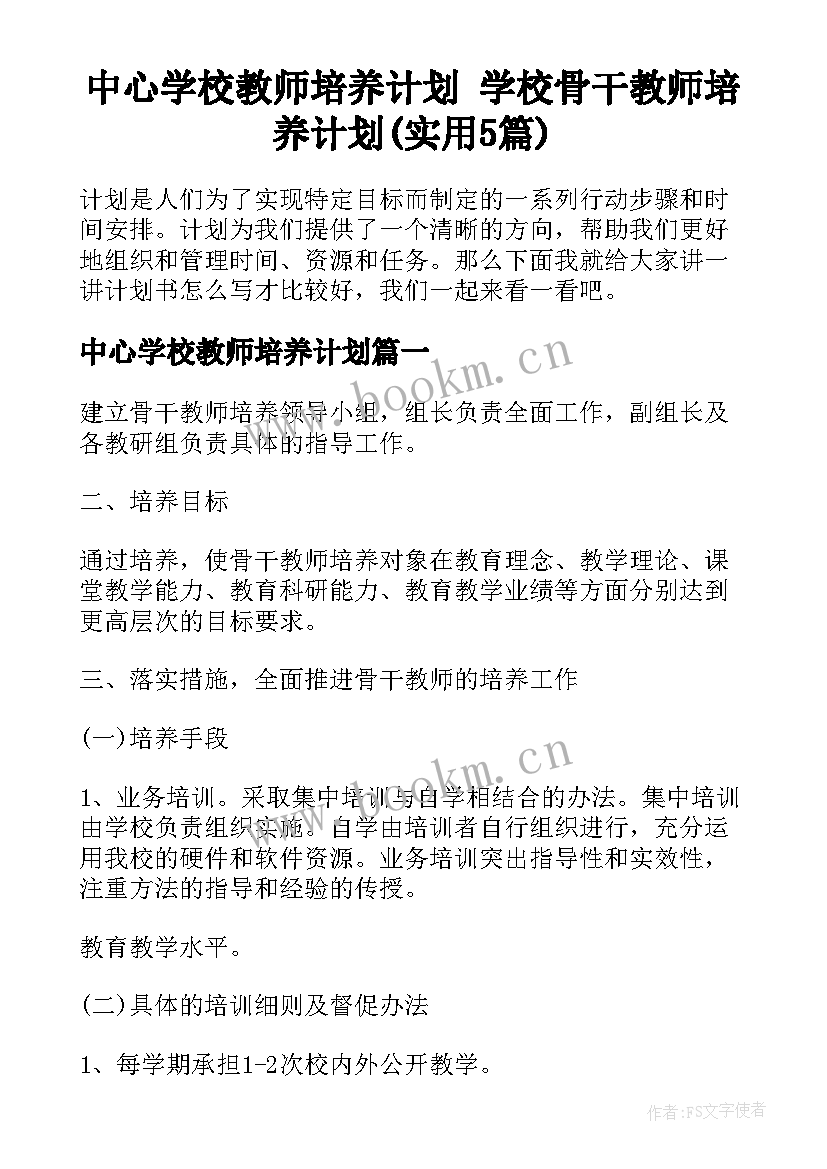 中心学校教师培养计划 学校骨干教师培养计划(实用5篇)