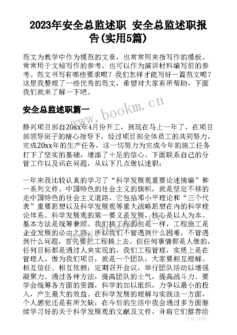 2023年安全总监述职 安全总监述职报告(实用5篇)