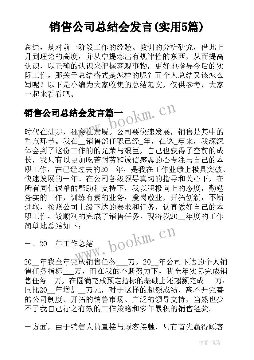 销售公司总结会发言(实用5篇)